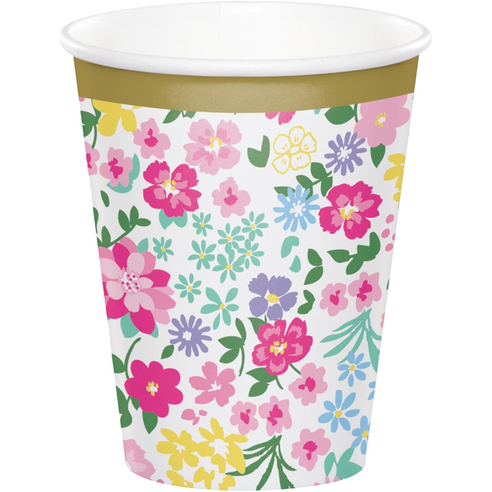 9oz paper cup with colorful floral pattern and gold rim for hot or cold drinks.