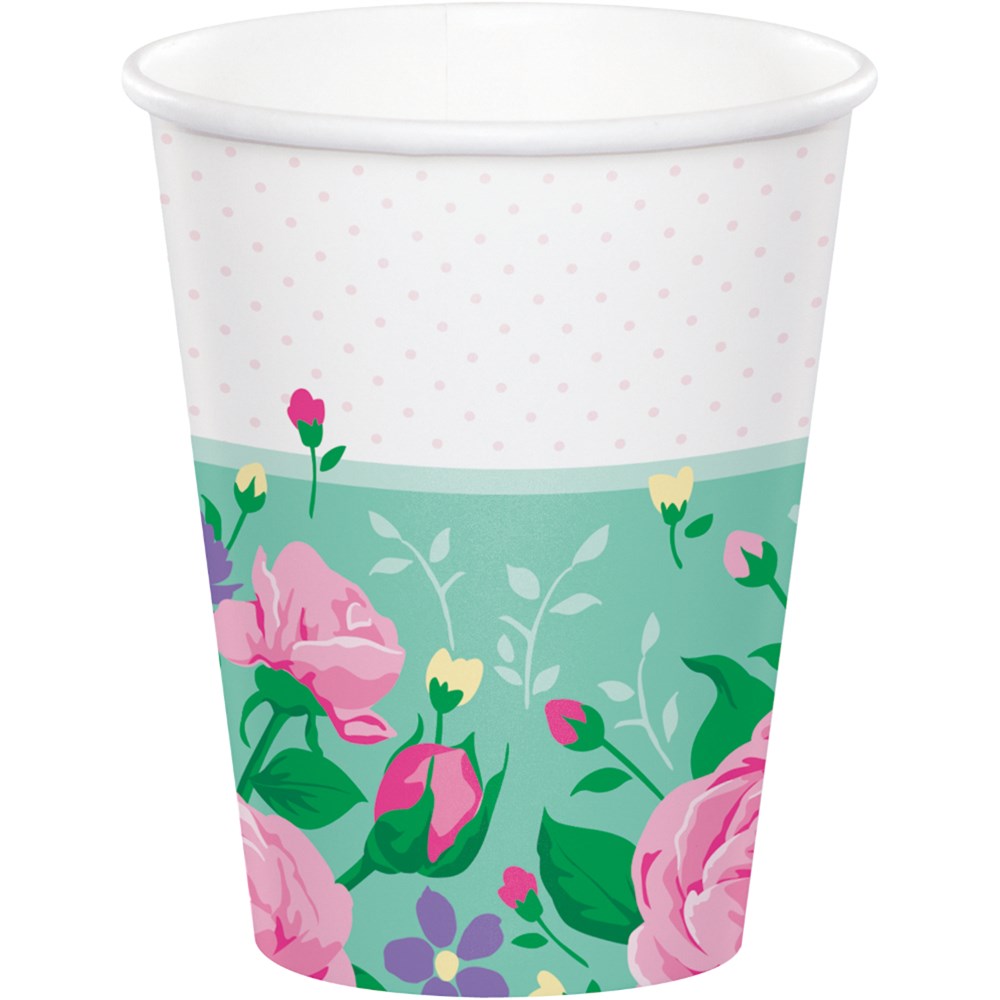 9oz paper cup with pink and purple floral design over green background and light pink polka dots on white upper section.