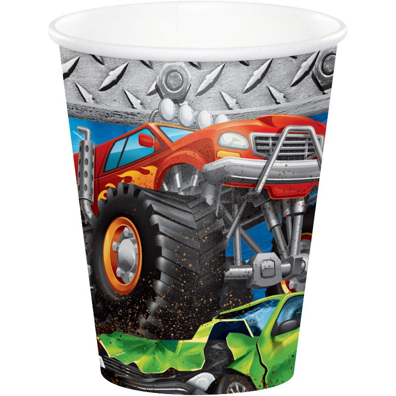9oz disposable cup with colorful monster truck design and tire tread border.