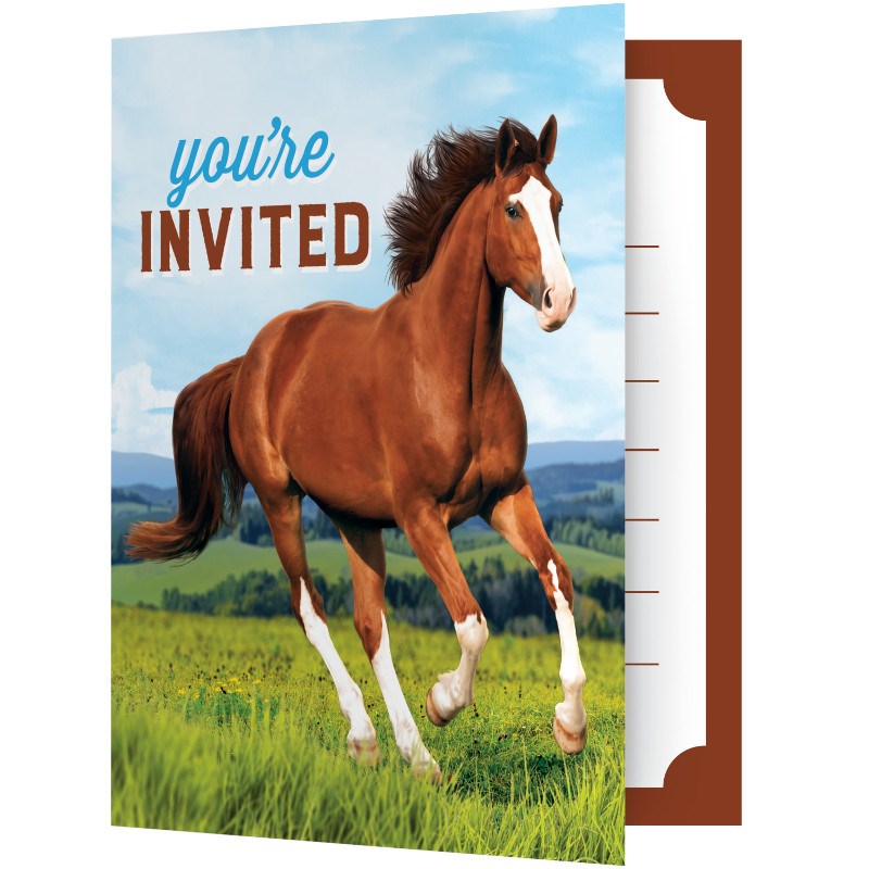 Birthday invitation card featuring a galloping brown horse with white markings on green grass under a blue sky, text "You're