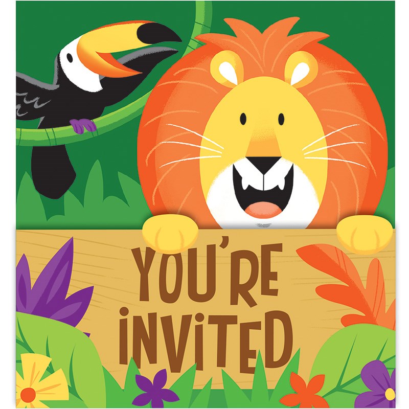 Jungle safari invitation card with smiling lion, toucan, green leaves, and "You're Invited" text in bold brown letters.