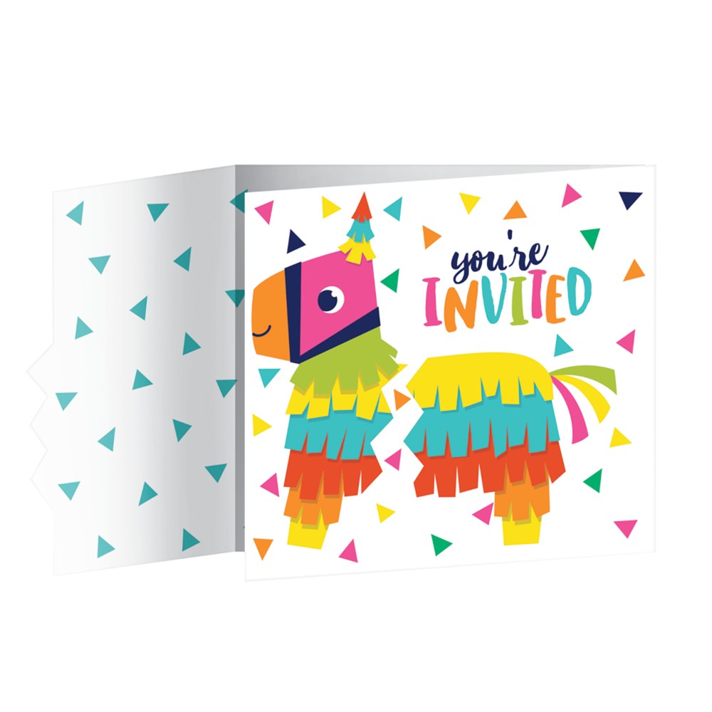 Folded colorful piñata invitation card with "You're Invited" text and multicolored confetti design.