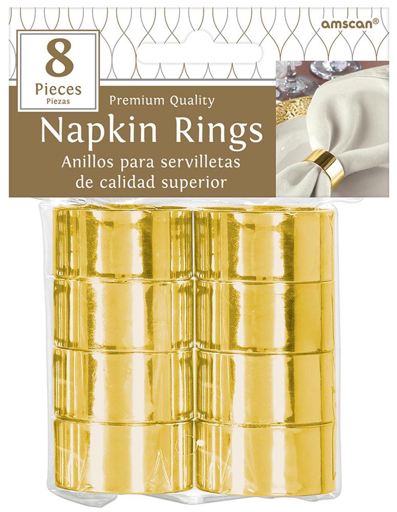Set of eight shiny gold metal round napkin rings with smooth, polished finish.