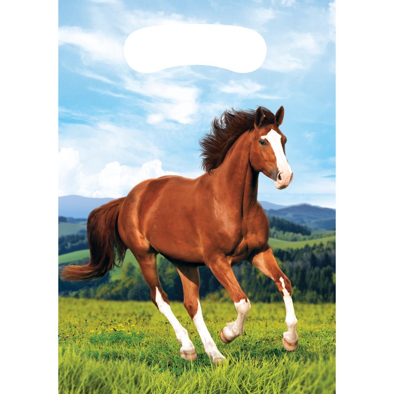 Blue loot bag with a running brown horse and white mane in a green field under a partly cloudy sky, with a handle cutout.