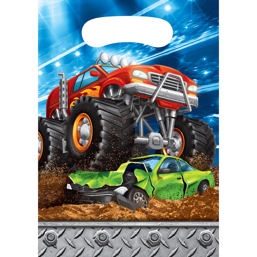 Blue loot bag with a red monster truck crushing a green car, featuring dirt and tire tread details.