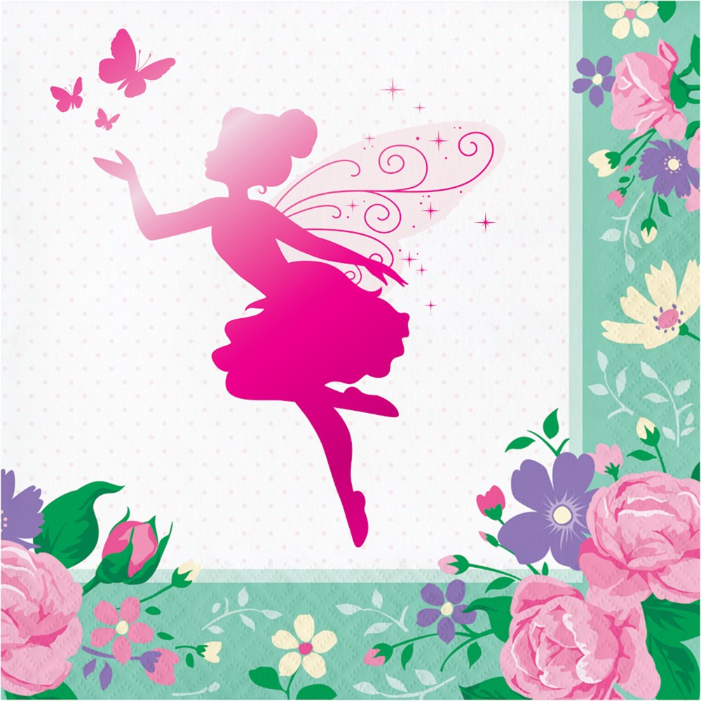 Pink silhouette of a fairy with wings and butterflies surrounded by pastel floral border on a white background.