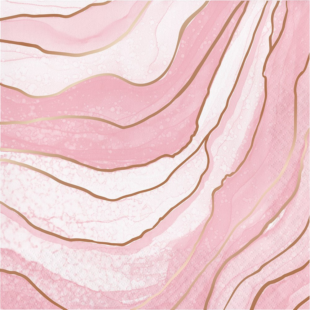 Pink and white geode pattern paper napkin with gold metallic veining, large size.