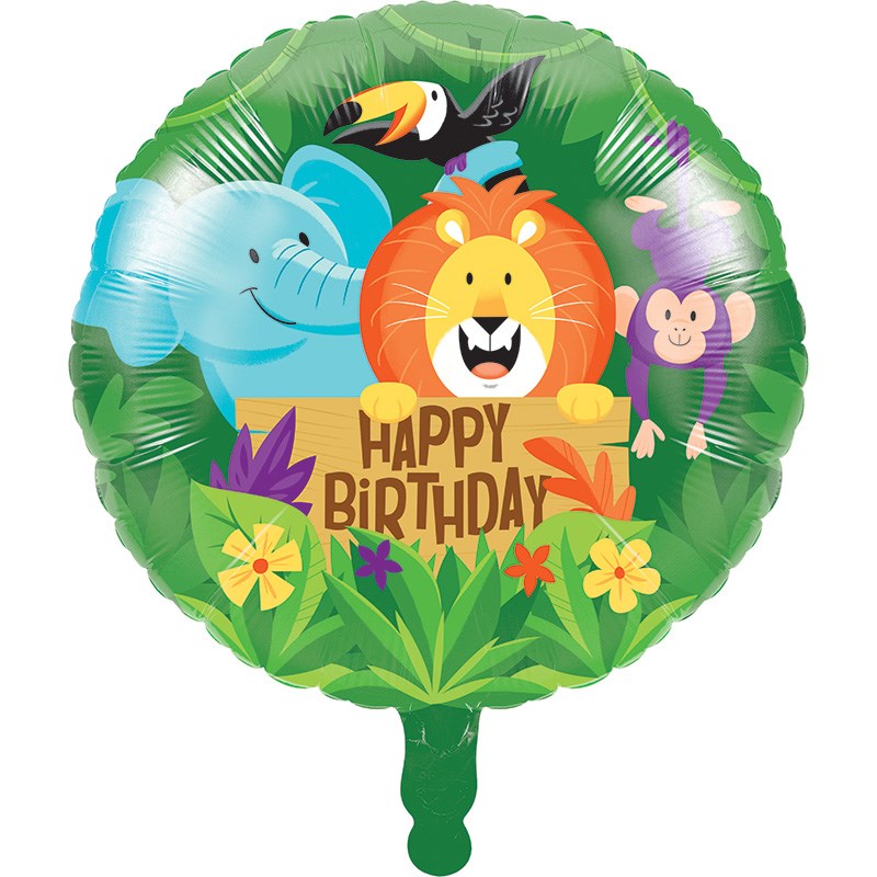 Round foil balloon with jungle animals, green leaf border, and "Happy Birthday" sign in the center.