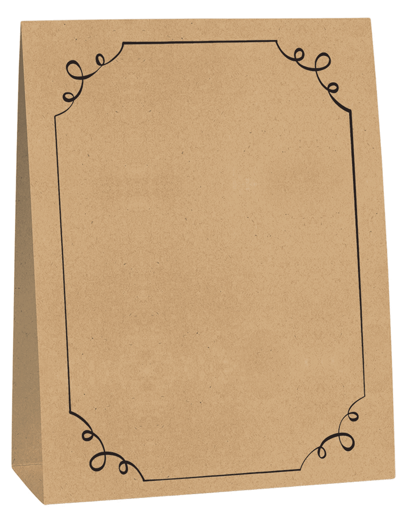 Set of four kraft paper menu cards with decorative black border and curly corner accents.