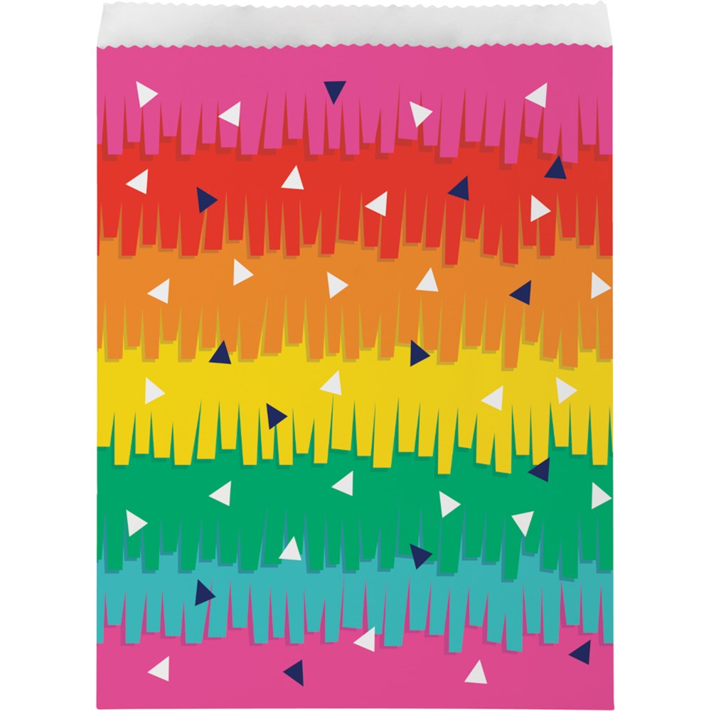 Large paper treat bag with colorful layered fringe stripes in pink, red, orange, yellow, green, and turquoise, decorated.