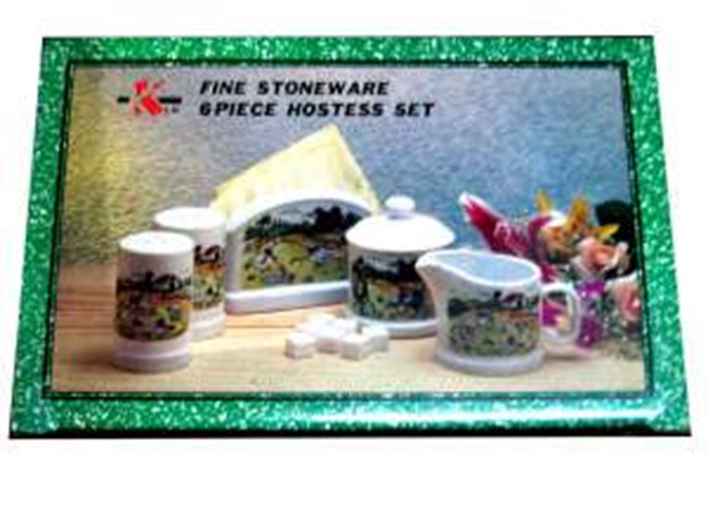 Ceramic 6-piece hostess set with floral and countryside motifs on white stoneware including creamer, sugar bowl, and covered