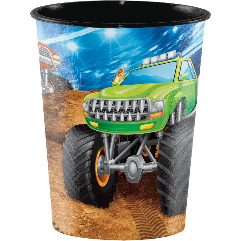 16 oz plastic cup with black rim featuring green monster truck on dirt track under blue sky.