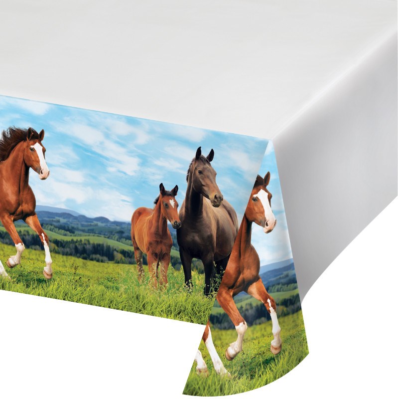 White rectangular tablecover with a border featuring running horses on green grass under a blue sky.