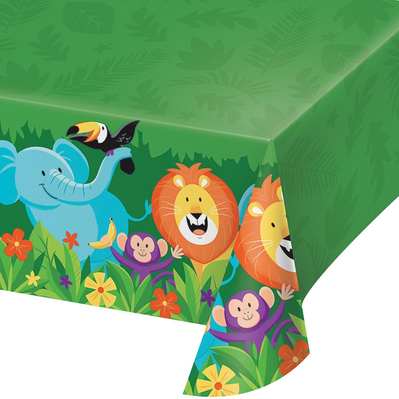 Green rectangular tablecover with jungle animals including elephant, lion, toucan, and monkeys in colorful cartoon style.