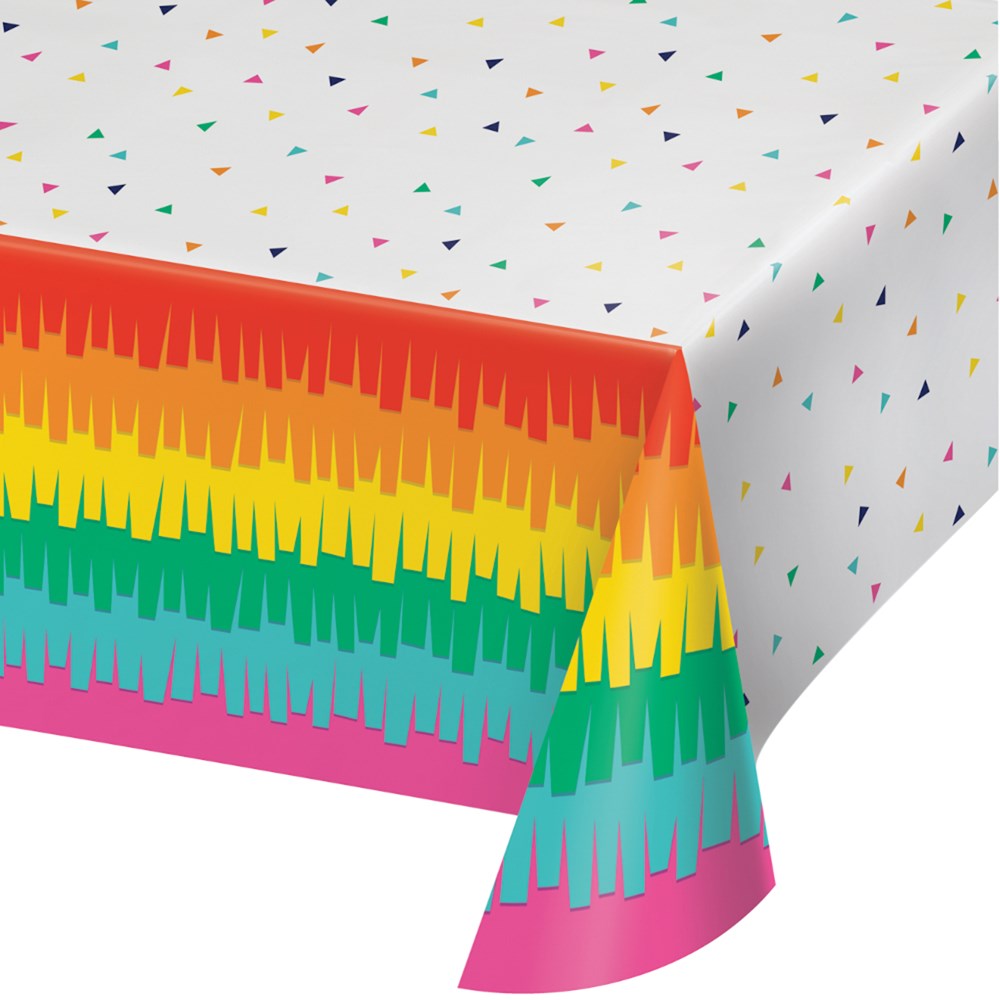 White plastic tablecover with colorful confetti dots and vibrant rainbow fringe border design.