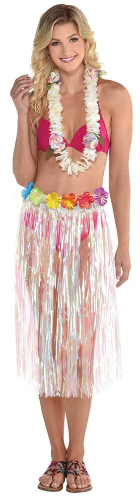 Iridescent white hula skirt with multicolor floral waistband, worn with matching lei and sandals.