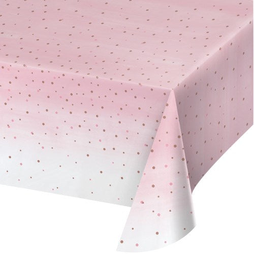 Pink and white ombre tablecover with small gold foil rose patterns, 54x102 inches.