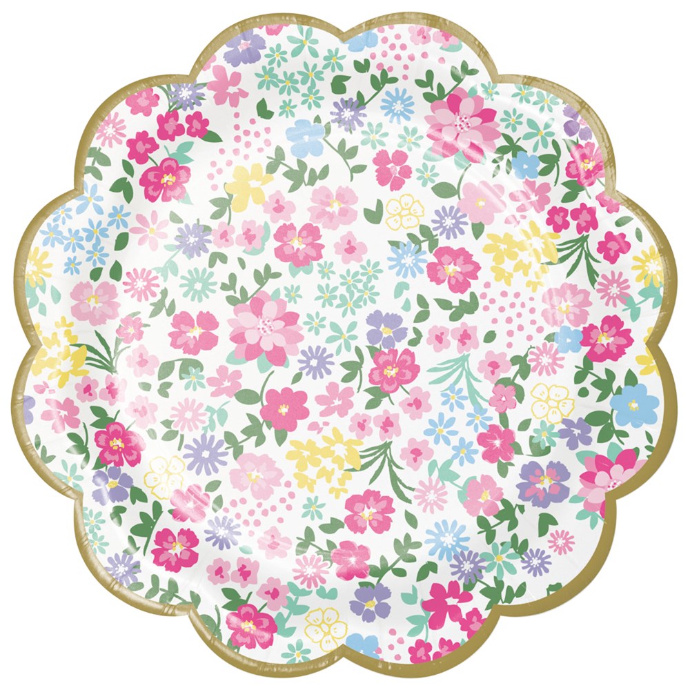 7-inch scalloped paper plate with colorful assorted floral print and gold trim, set of 8.