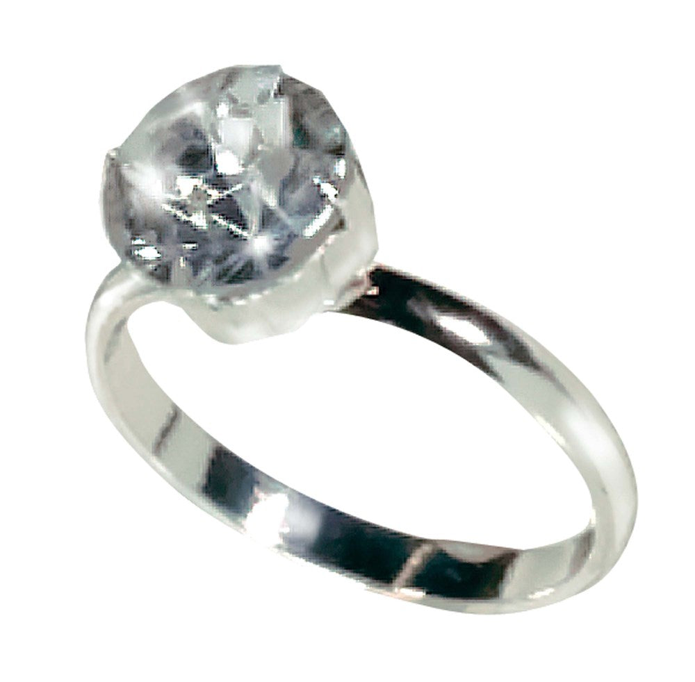 Silver engagement ring with a large round clear gemstone solitaire setting.