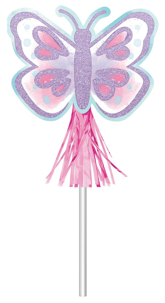 Purple and pink butterfly paper wand with glitter accents and pink tassels on white stick.