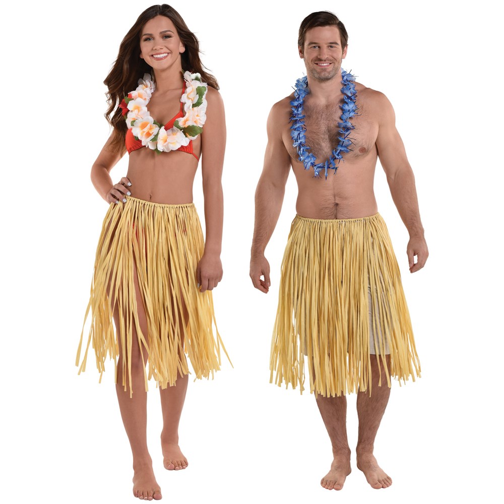 Natural beige adult grass skirt with long, thin synthetic straw strands, hip-length design.