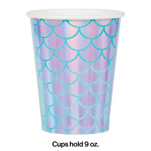 9oz paper cup with iridescent foil finish and turquoise mermaid scale pattern.