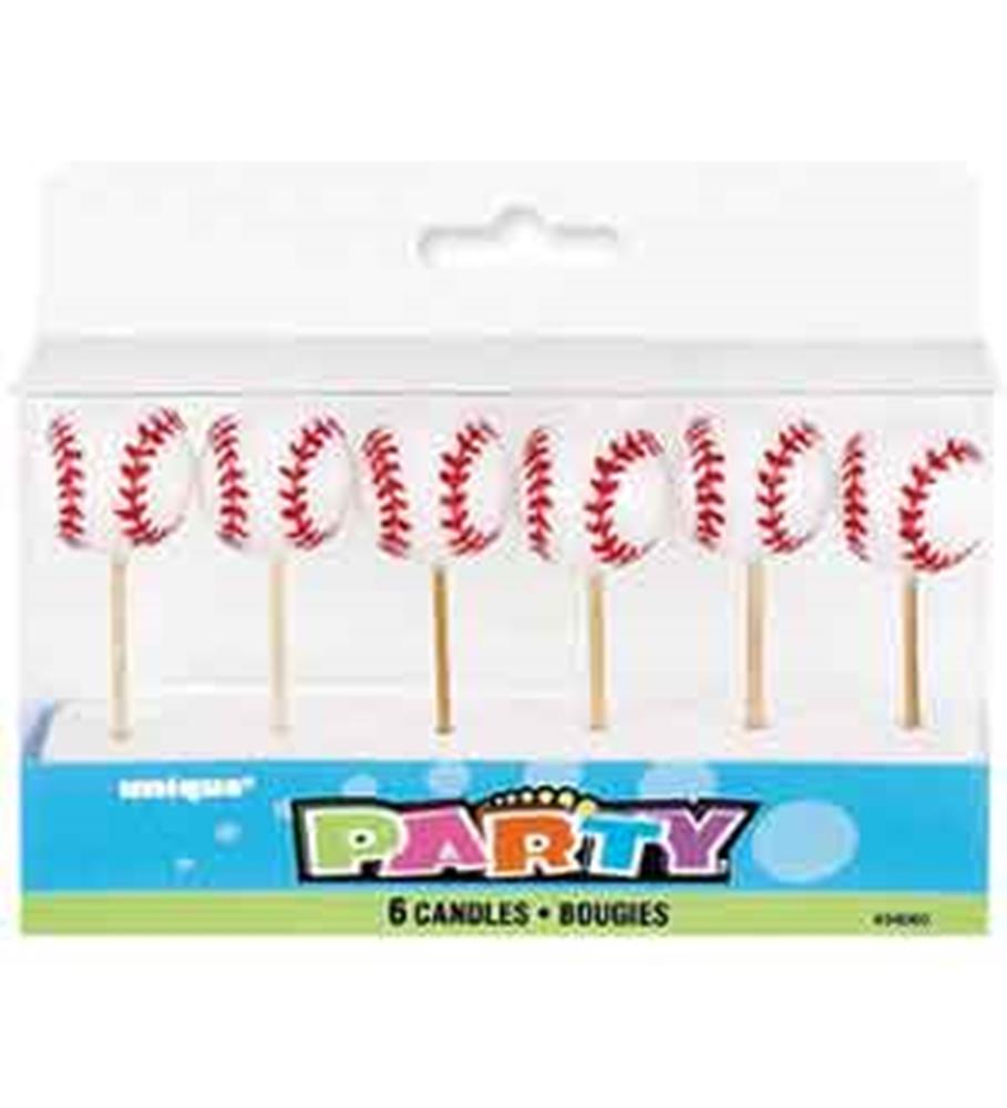 Set of six white baseball-themed birthday candles with red stitching on wooden picks in clear packaging.