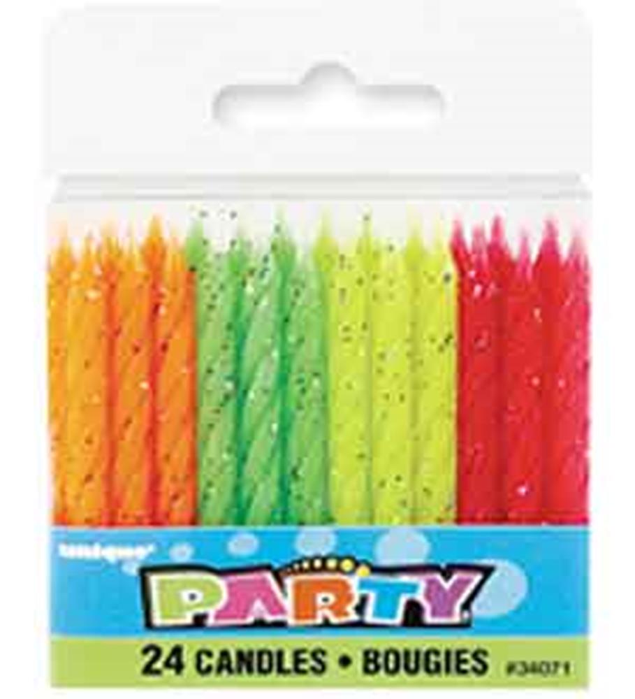 Pack of 24 neon glitter birthday candles in orange, green, yellow, and red with spiral grooves.