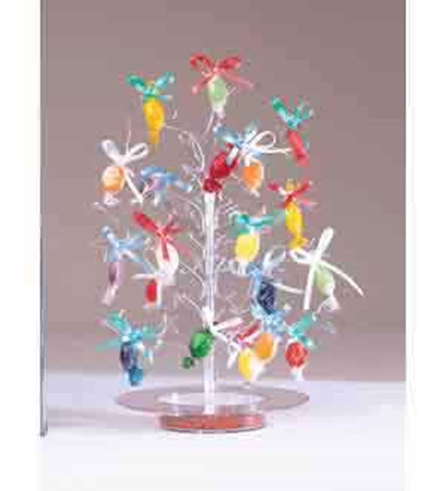 Clear plastic tree centerpiece with colorful plastic money shapes and small ribbon bows on branches.