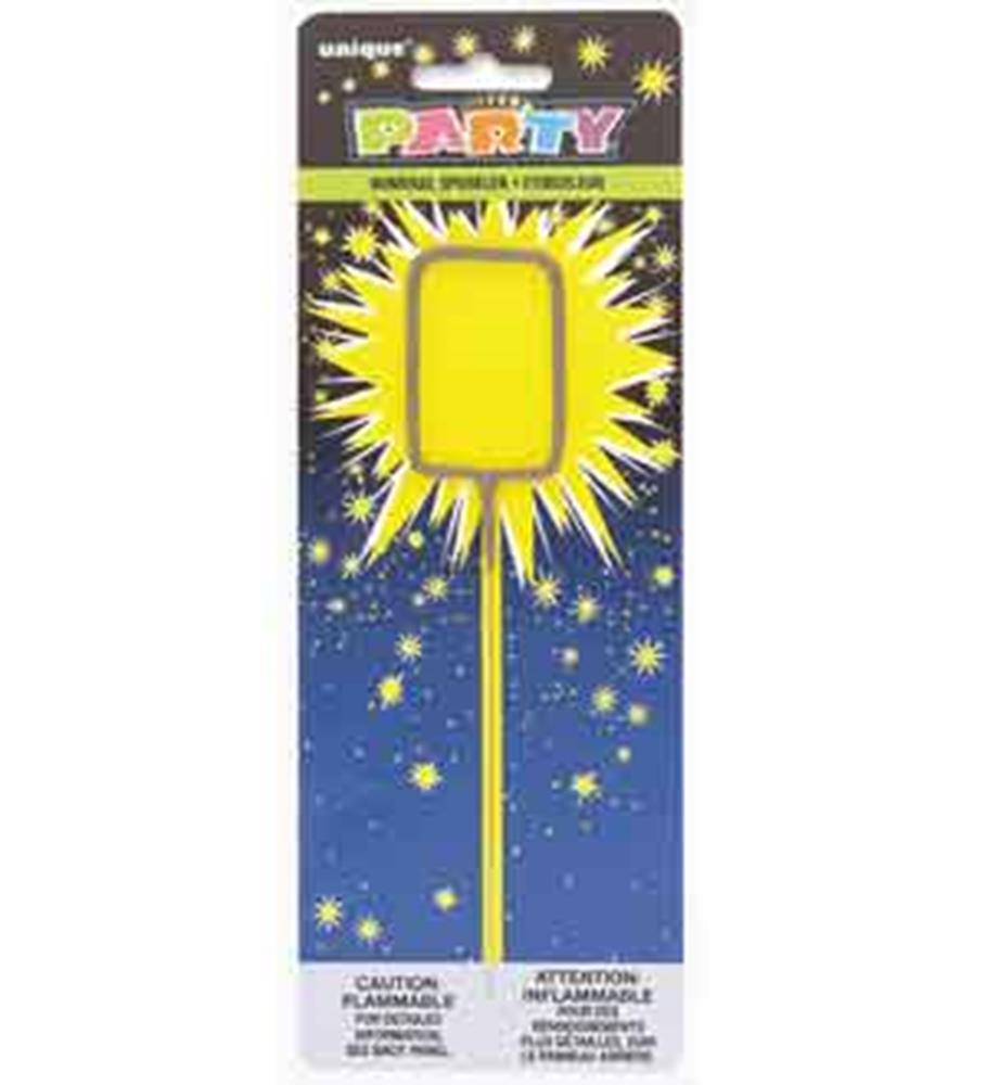 Yellow sparkler shaped as number 0 on a thin metal stick in branded party packaging.