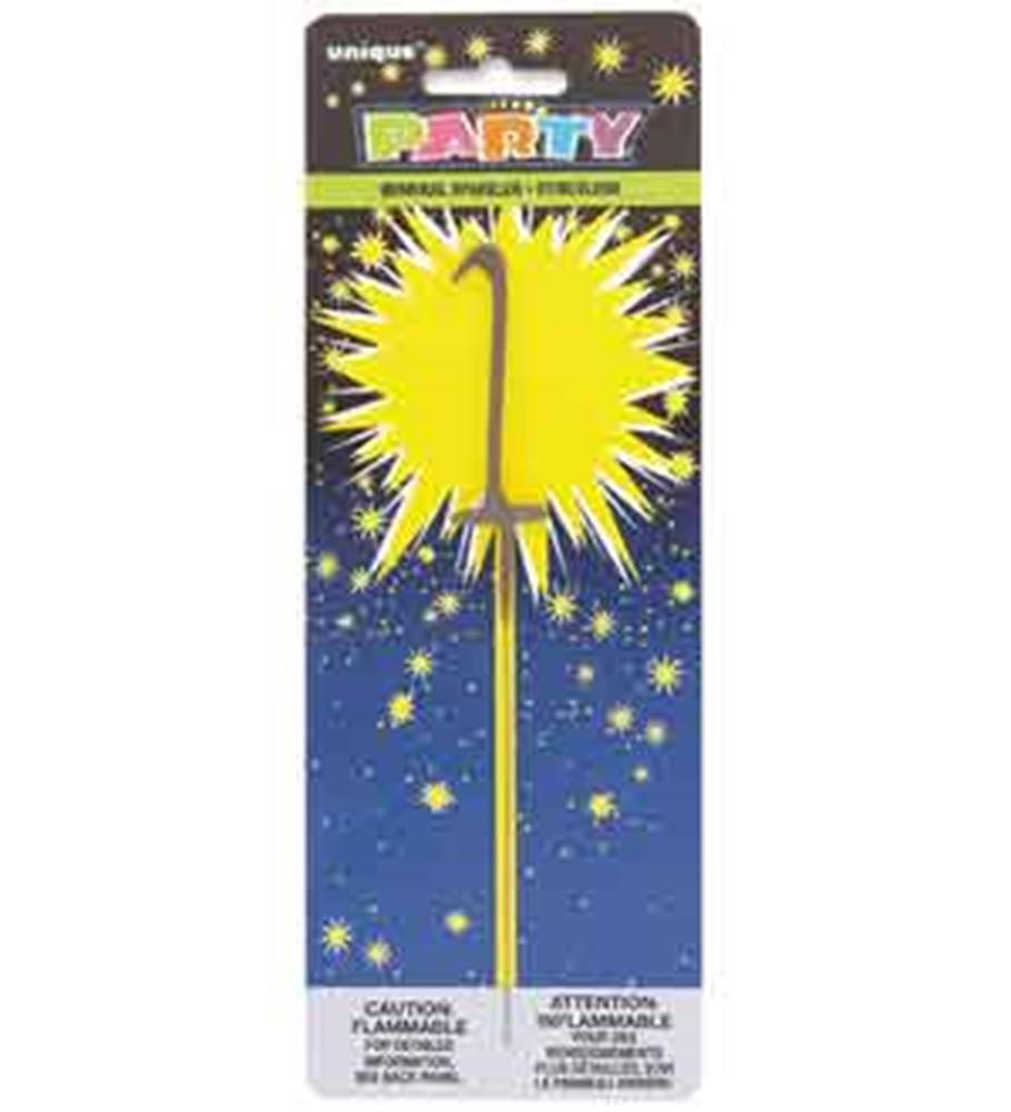 Number 1 shaped 7-inch gold sparkler candle on a starry party-themed backing card.