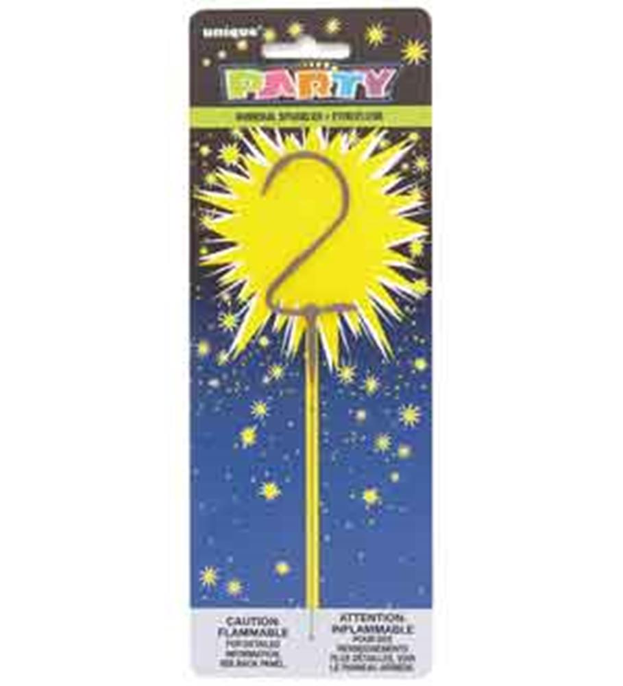 Yellow number 2 sparkler with metal stick in party-themed packaging with stars and burst design.
