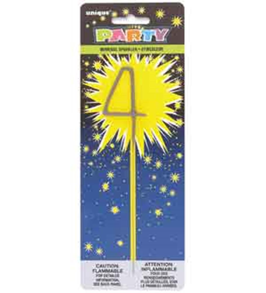 7-inch gold sparkler shaped as the number 4 with starburst packaging background.