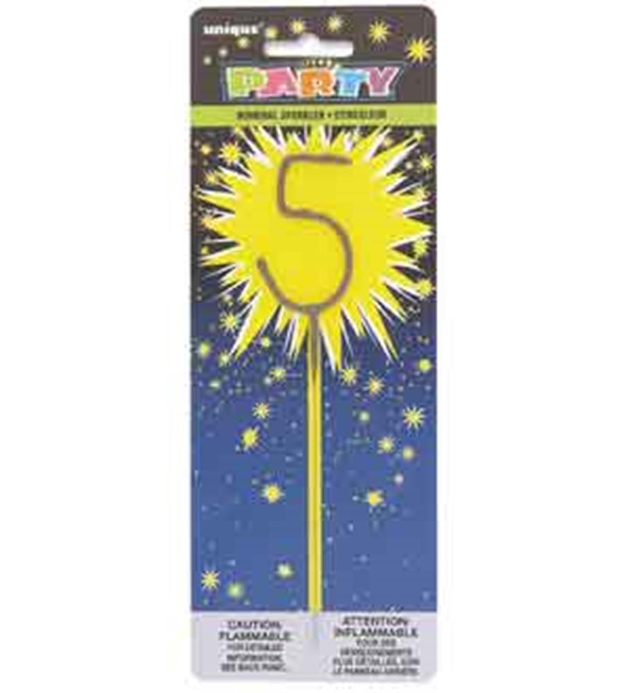 Yellow number 5 sparkler with a 7-inch stick on blue starry packaging.
