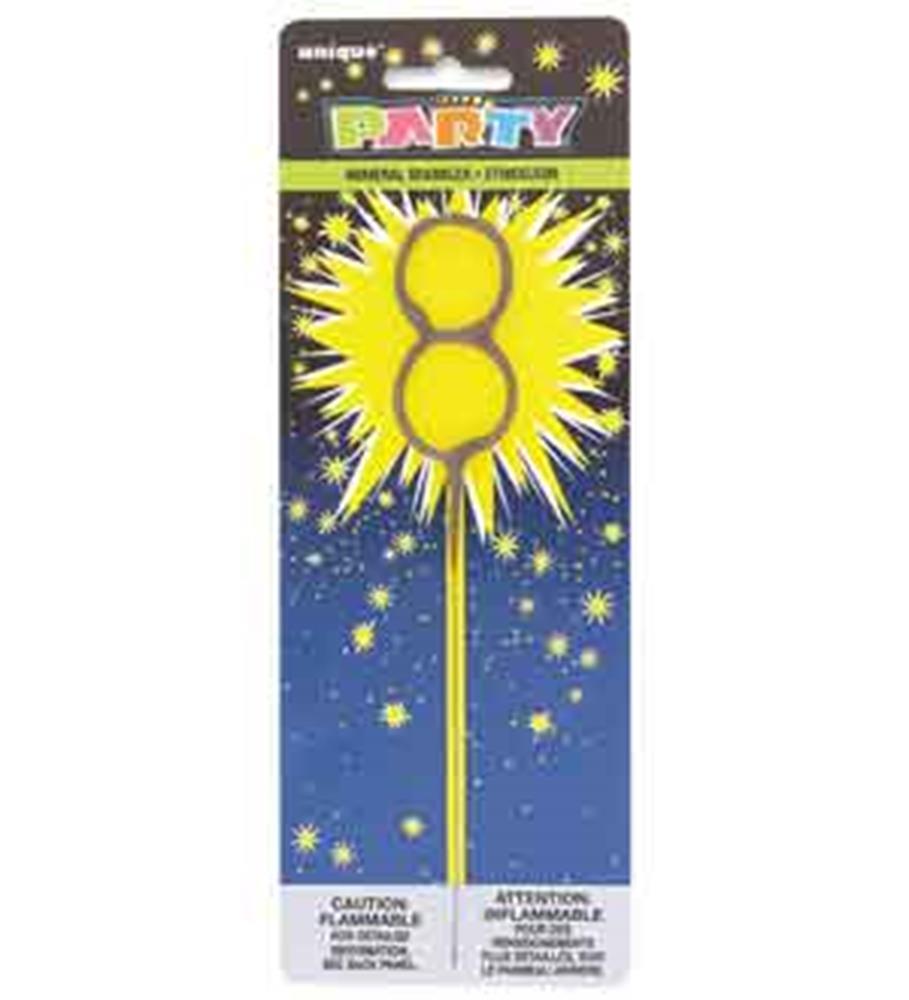 Yellow number 8 sparkler candle with long thin stick in colorful party-themed packaging.