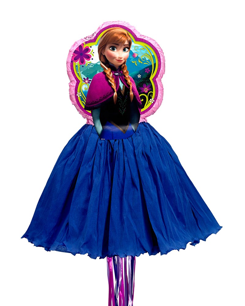 Disney Frozen Anna-themed pull string piñata with detailed character design and bright blue skirt.