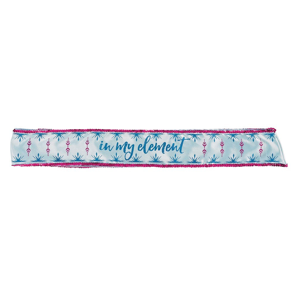Light blue fabric sash with pink edges, snowflake pattern, and "I'm my element" text in teal cursive.
