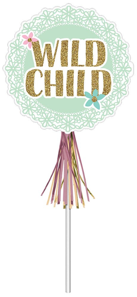 Round wand topper with gold glitter "Wild Child" text, mint lace border, pink and blue butterflies, and multicolor tassels.