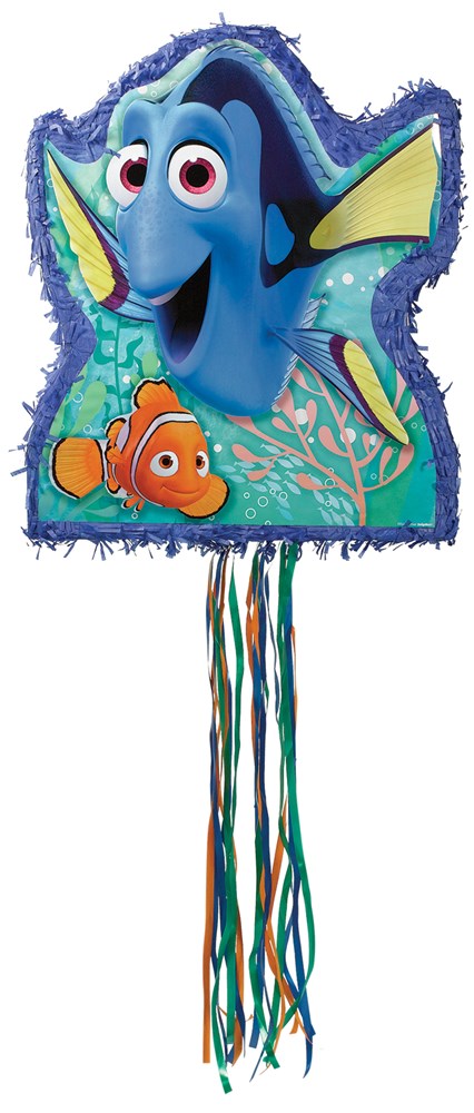 Finding Dory shaped foil piñata with colorful character print and hanging ribbons.