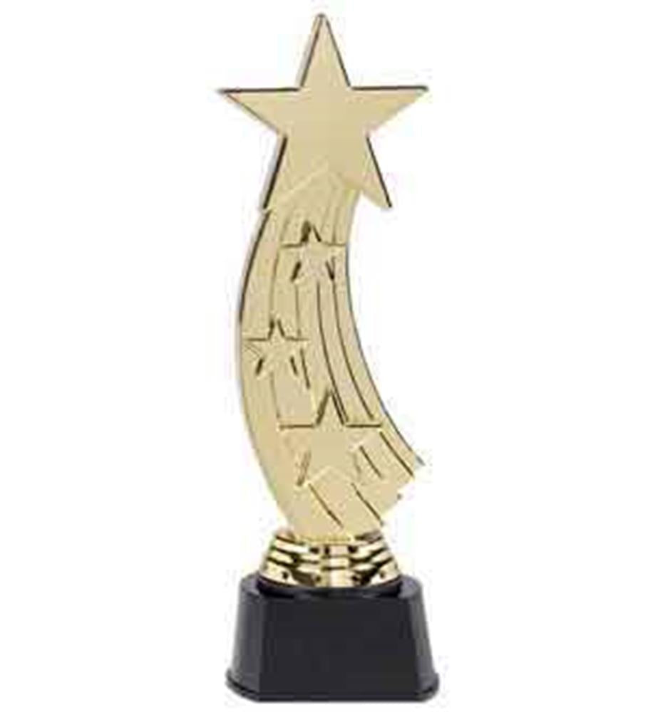 Gold shooting star trophy with a curved tail and five stars on a black base.