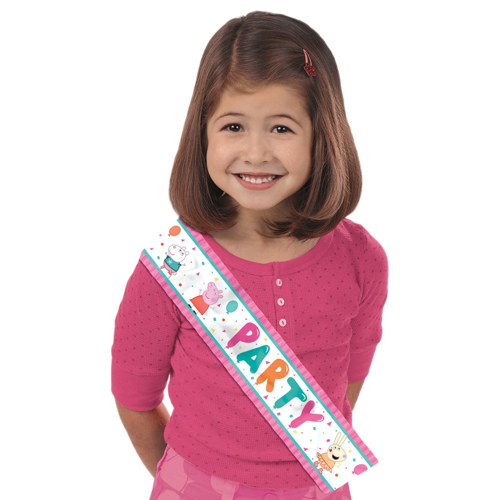 White party sash with colorful confetti dots, Peppa Pig character, and the word "PARTY" in bold rainbow letters.