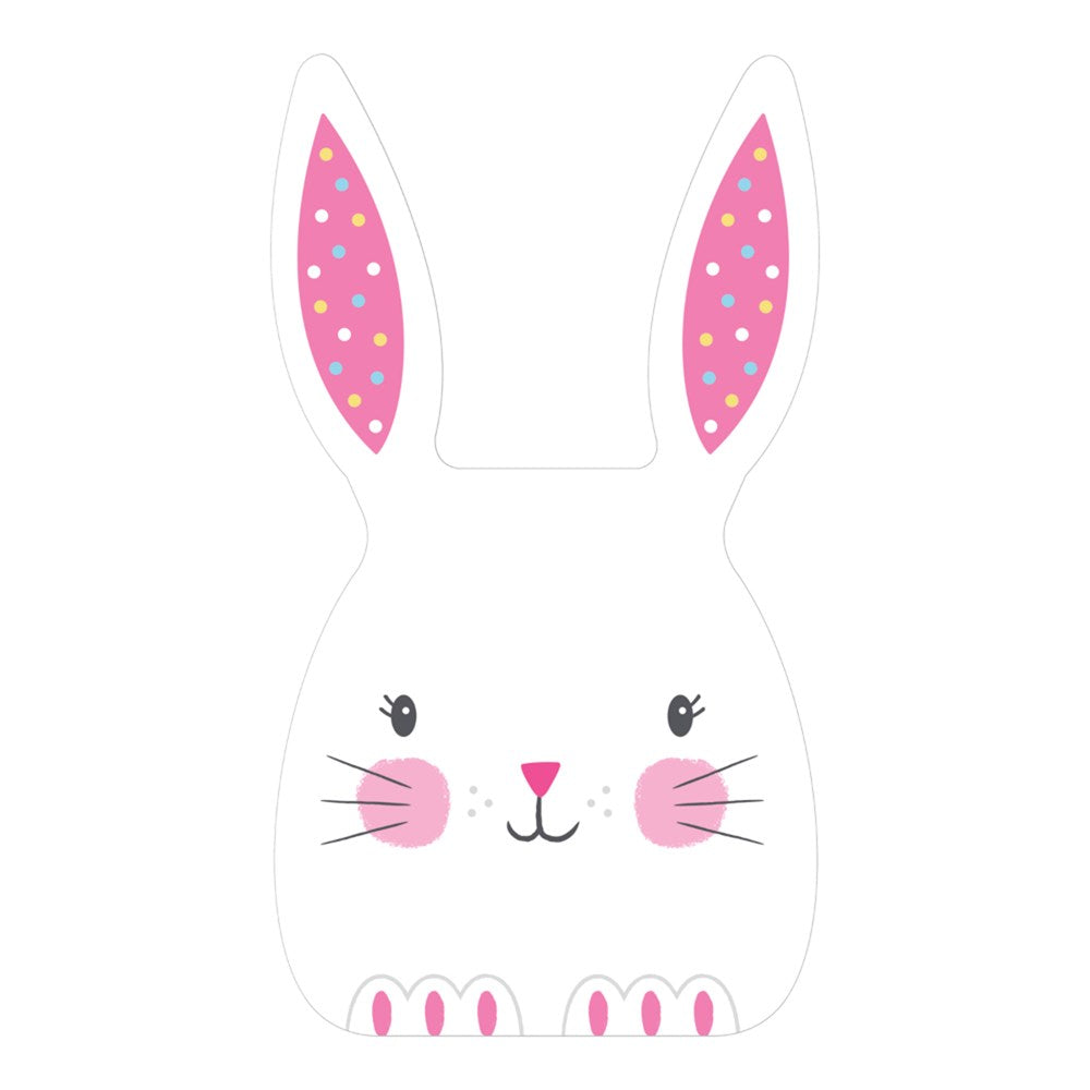 White bunny-shaped cello bag twist tie with pink ears, cheeks, nose, and paw details.