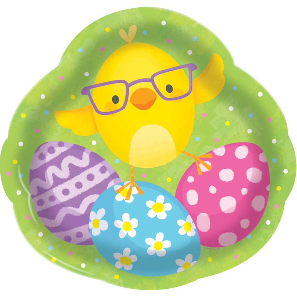 Green plastic 14in tray shaped like Easter chick wearing blue glasses with decorated Easter eggs.