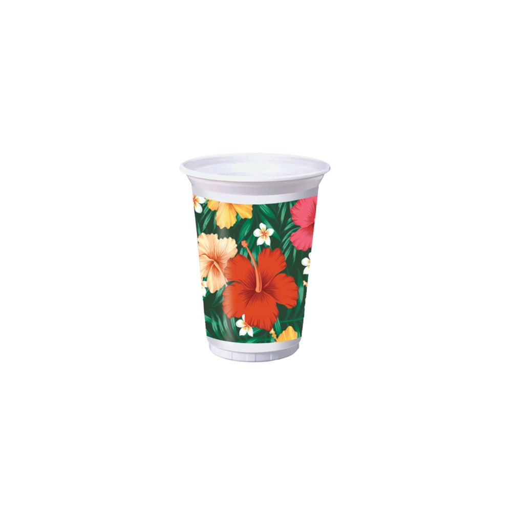 16oz plastic cup with bright tropical flowers in red, yellow, and white on a dark green background.
