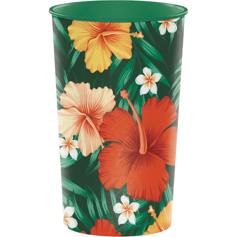 Tall plastic cup with vibrant red, orange, and white hibiscus flowers on a dark green leafy background.