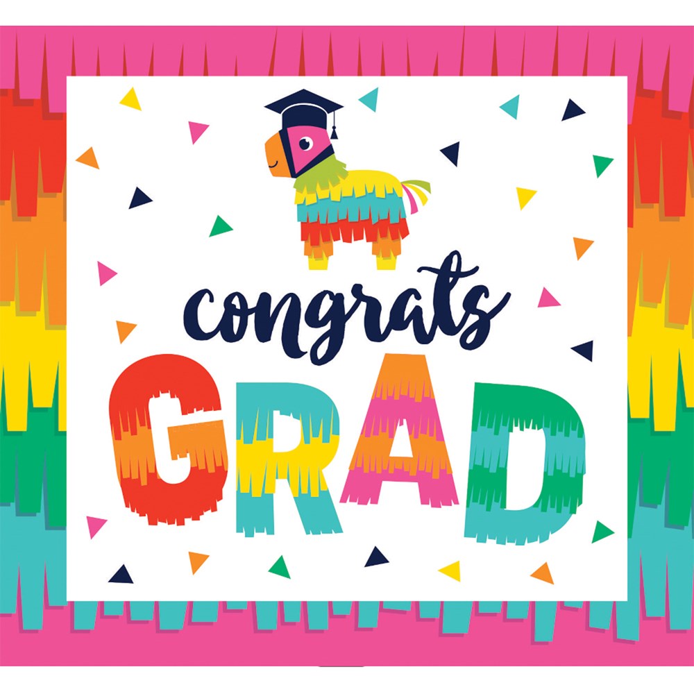 Square yard sign with colorful fringed border, multicolored piñata donkey wearing a graduation cap, and bold "Congrats Grad"