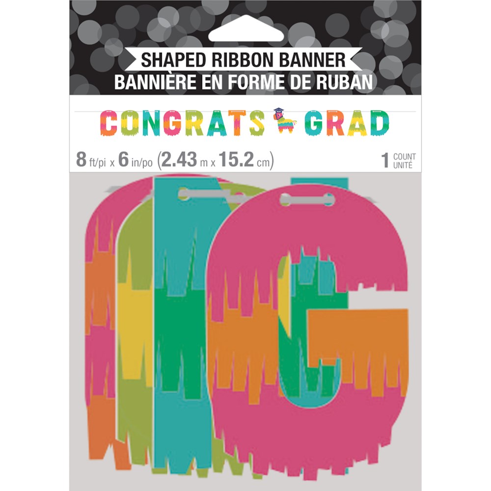 Colorful fiesta-themed grad shaped banner spelling "CONGRATS GRAD" with bright pink, green, orange, and yellow letters on.