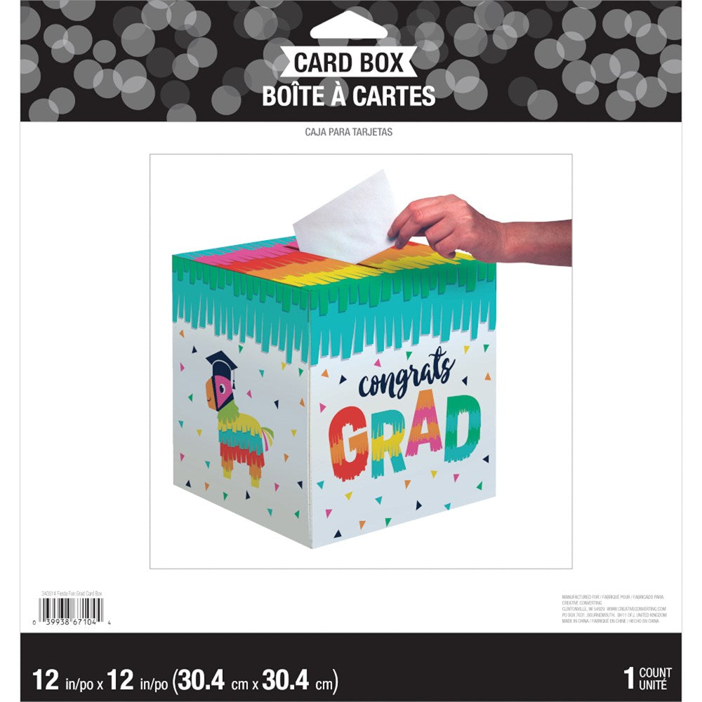 Colorful 12x12in cardboard graduation card box with piñata and "Congrats Grad" text.