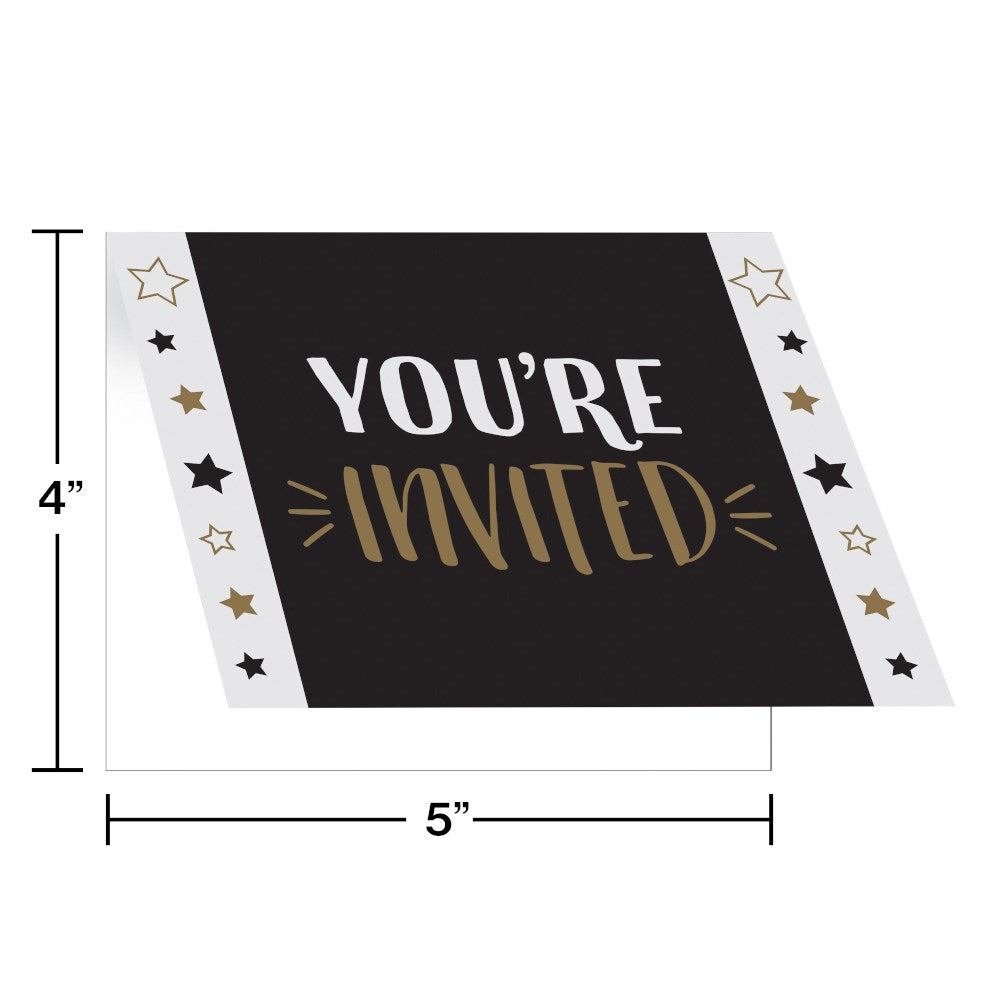 Black rectangular invitation card with "You're Invited" in white and gold, bordered by black and gold stars on white edges.