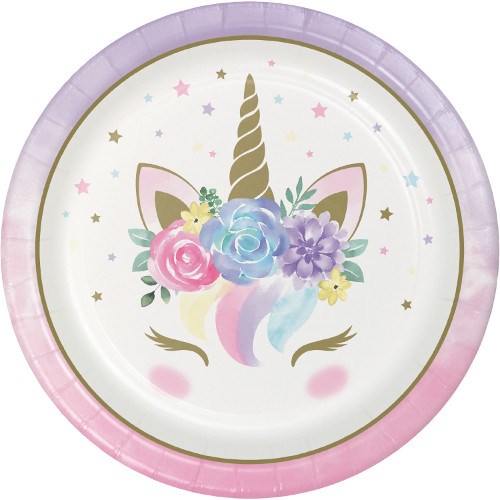 Round paper baby plate with pastel purple and pink rim featuring a unicorn face with golden horn and colorful floral crown.